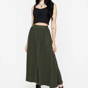 [ISO] Disturbia Foliate Linen-blend Embroidered Button Up Midaxi Skirt-size 4